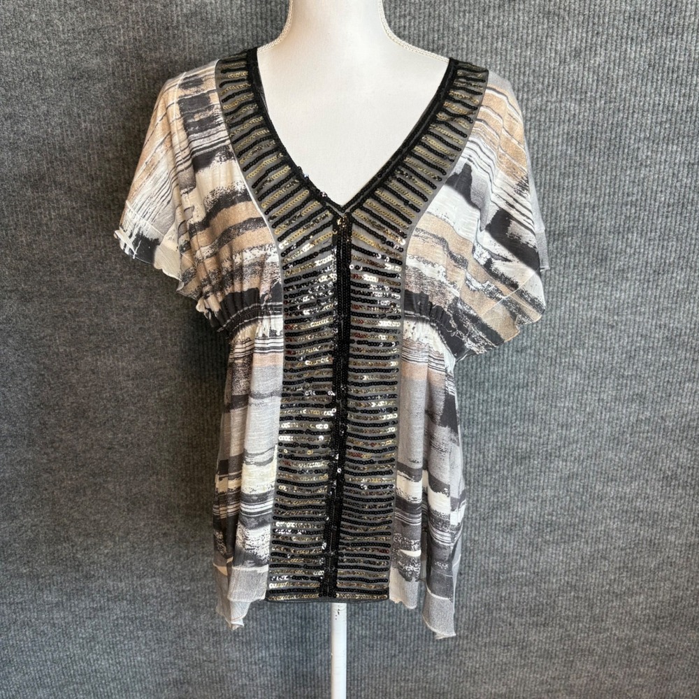 One World Live and Let Live Sequin Tunic Top Womens L Boho Y2K Abstract